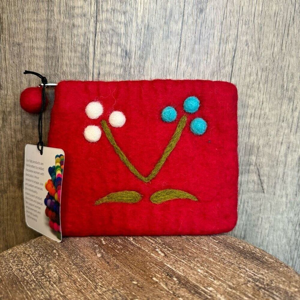 Felted Wool Red Boho Flower Coin Purse Wallet New FAST SHIP